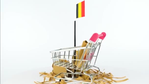 Bandera Bélgica Con Carrito Supermercado Cajas Cartón Video Fps Concepto — Vídeo de stock