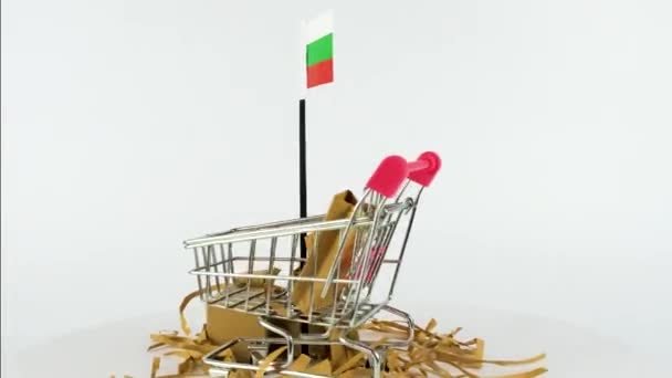Bandeira Bulgária Com Carrinho Supermercado Caixas Papelão Vídeo Fps Marketing — Vídeo de Stock