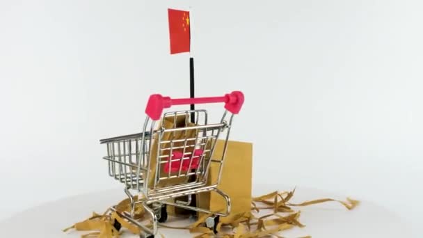 Bandeira China Com Carrinho Supermercado Caixas Papelão Vídeo Fps Marketing — Vídeo de Stock