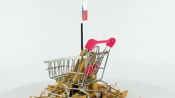 Bandeira República Checa Com Supermercado Carrinho Mão Caixas Papelão Vídeo — Vídeo de Stock