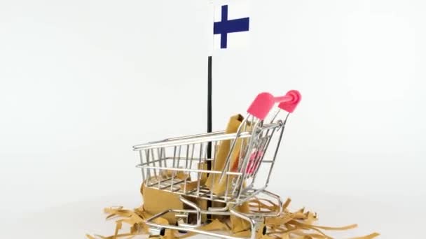 Bandera Finlandia Con Carrito Supermercado Cajas Cartón Video Fps Concepto — Vídeo de stock