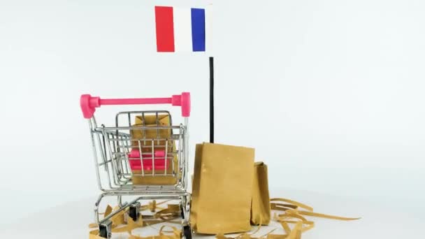 Bandeira França Com Carrinho Supermercado Caixas Papelão Vídeo Fps Marketing — Vídeo de Stock