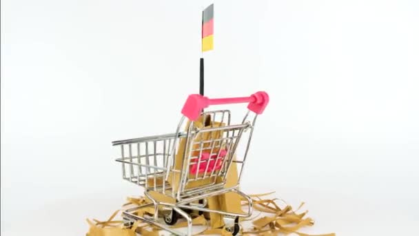 Bandera Alemania Con Carrito Supermercado Cajas Cartón Video Fps Concepto — Vídeo de stock
