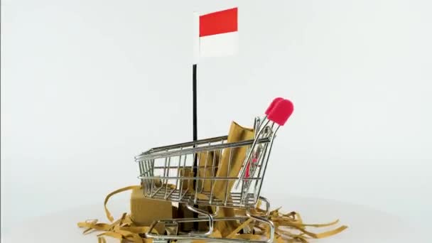 Bandera Indonesia Con Carrito Supermercado Cajas Cartón Video Fps Concepto — Vídeo de stock