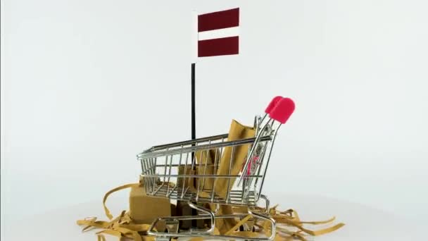 Lettország Zászló Szupermarketes Kézikocsival Kartondobozokkal Videó Fps Online Marketing Vásárlási — Stock videók
