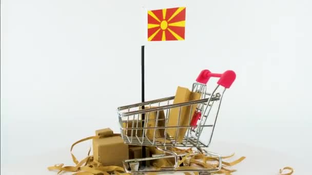 Drapeau Macédoine Avec Chariot Main Supermarché Boîtes Carton Vidéo Ips — Video
