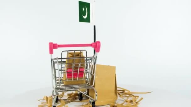 Bandeira Paquistão Com Carrinho Supermercado Caixas Papelão Vídeo Fps Marketing — Vídeo de Stock