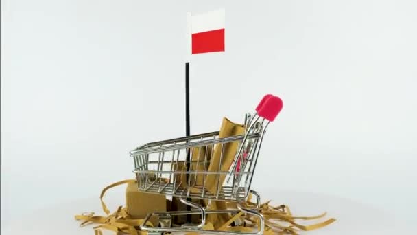 Bandera Polonia Con Carrito Supermercado Cajas Cartón Video Fps Concepto — Vídeo de stock