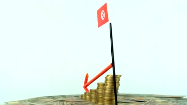 Tunesien Flagge Mit Münzen Auf Plattenteller Inflationskonzeptvideo Roter Pfeil Nach — Stockvideo