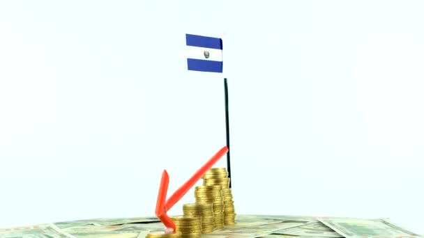 Salvador Flagge Mit Münzen Auf Plattenteller Inflationskonzeptvideo Roter Pfeil Nach — Stockvideo