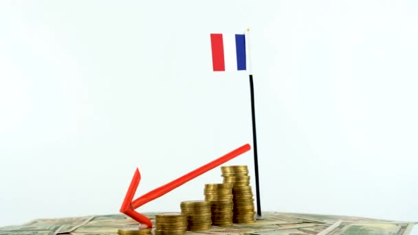Frankrike Flagga Med Mynt Skivspelare Inflation Koncept Video Röd Nedåtpil — Stockvideo