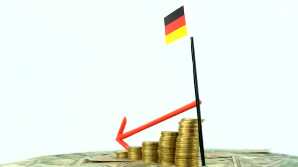 Tyskland Flagga Med Mynt Skivspelare Inflation Koncept Video Röd Nedåtpil — Stockvideo