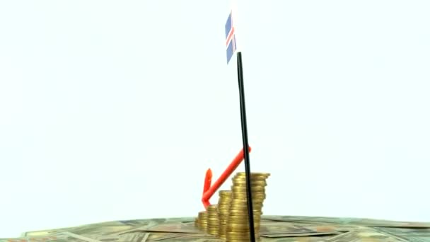 Izland Zászló Érmékkel Lemezjátszón Inflációs Koncepció Videó Piros Lefelé Mutató — Stock videók