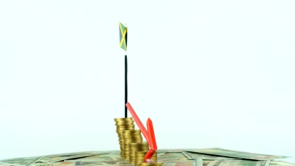 Jamaica Flagga Med Mynt Skivspelare Inflation Koncept Video Röd Nedåtpil — Stockvideo
