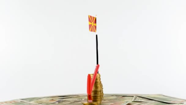 可转盘上印有马其顿国旗的硬币 通货膨胀概念视频 红色箭头 经济和金融理念 马其顿贬值 国家统计 Fps 经济危机和降级 — 图库视频影像