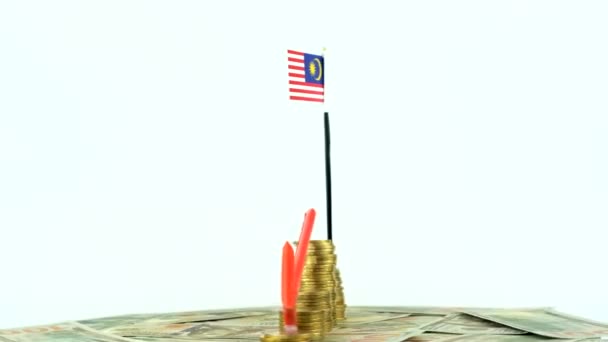 Malaysia Bandiera Con Monete Giradischi Concetto Inflazione Video Freccia Rossa — Video Stock