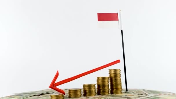 Bandera Mónaco Con Monedas Tocadiscos Concepto Inflación Flecha Roja Economía — Vídeo de stock