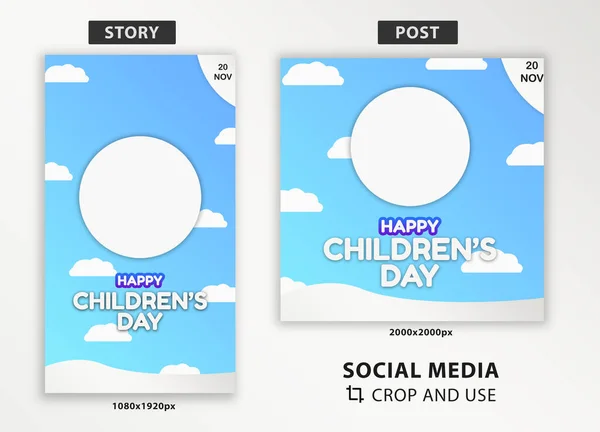 World Children's Day social media post and story template, crop and use, social media content and feed, 20 November Children Day, easy use template, content design with clouds and blue background