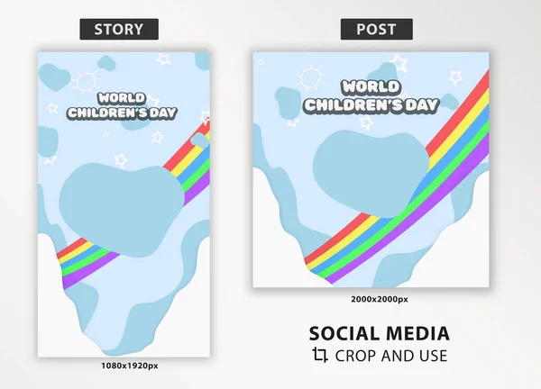 World Children\'s Day social media post and story template, crop and use, social media content and feed, 20 November Children Day, easy use template, content design with clouds and rainbow