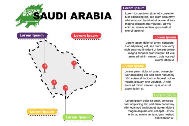 Suudi Arabistan seyahat yeri bilgisi, turizm ve tatil konsepti, Suudi Arabistan 'ın popüler yerleri, ülke grafik vektör şablonu, tasarım harita fikri, gezi yerleri