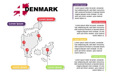 Danimarka seyahat konumu bilgileri, turizm ve tatil konsepti, Danimarka 'nın popüler yerleri, ülke grafik vektör şablonu, tasarım harita fikri, gezi noktaları
