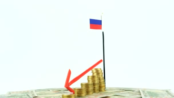 Bandera Rusia Con Monedas Tocadiscos Concepto Inflación Vídeo Flecha Roja — Vídeo de stock