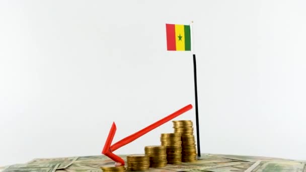 塞内加尔国旗上刻有可换货币 通货膨胀概念视频 红色箭头 经济和金融理念 塞内加尔贬值 国家统计 Fps 经济危机和降级 — 图库视频影像
