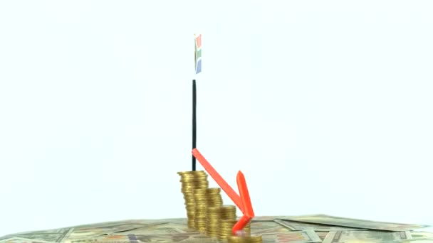 Bandera Sudáfrica Con Monedas Tocadiscos Concepto Inflación Vídeo Flecha Roja — Vídeos de Stock