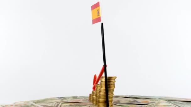 Spanien Flagga Med Mynt Skivspelare Inflation Koncept Video Röd Nedåtpil — Stockvideo