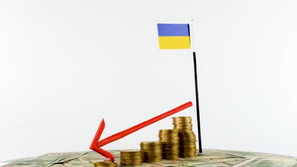 Ukraine Flagge Mit Münzen Auf Plattenteller Inflationskonzeptvideo Roter Pfeil Nach — Stockvideo