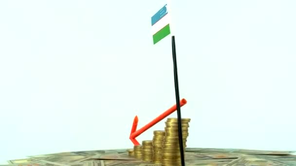可转盘的乌兹别克斯坦国旗 通货膨胀概念视频 红色箭头 经济和金融理念 乌兹别克斯坦贬值 国家统计 Fps 经济危机和降级 — 图库视频影像