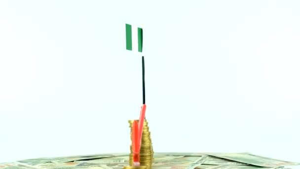 尼日利亚国旗上刻有流通货币 通货膨胀概念视频 红色箭头 经济和金融理念 尼日利亚贬值 国家统计 Fps 经济危机和降级 — 图库视频影像