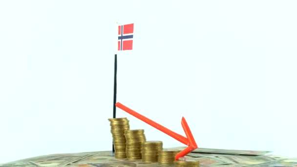 挪威国旗上刻有可换货币 通货膨胀概念视频 红色箭头 经济和金融理念 挪威贬值 国家统计 Fps 经济危机和降级 — 图库视频影像