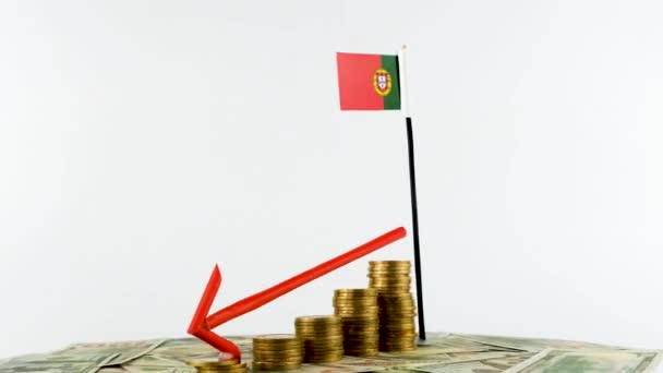 ターンテーブル上のコインとポルトガルフラグ インフレコンセプトビデオ 赤矢印 経済と金融のアイデア ポルトガルの値を減少させます 国の統計 Fpsの 経済危機と格下げ — ストック動画