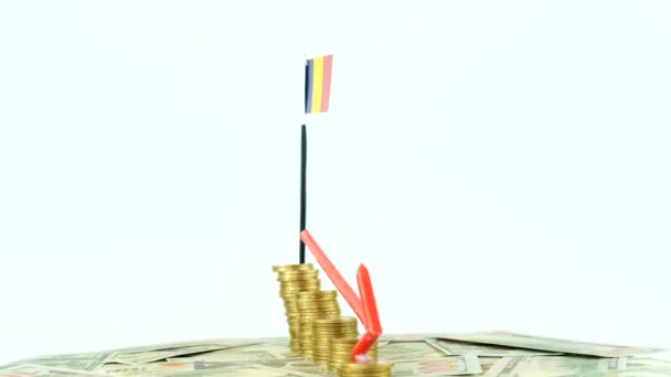 Rumänien Flagga Med Mynt Skivspelare Inflation Koncept Video Röd Nedåtpil — Stockvideo