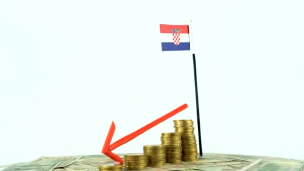 Kroatien Flagga Med Mynt Skivspelare Inflation Koncept Video Röd Nedåtpil — Stockvideo