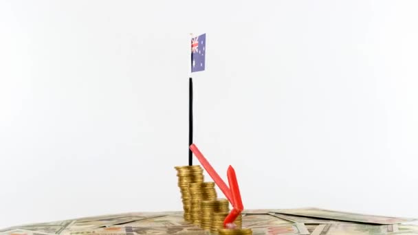 澳大利亚国旗上刻有可换货币 通货膨胀概念视频 红色箭头 经济和金融理念 澳大利亚贬值 国家统计 Fps 经济危机和降级 — 图库视频影像