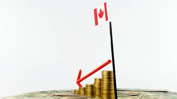加拿大国旗上刻有可转盘的硬币 通货膨胀概念视频 红色箭头 经济和金融理念 加拿大贬值 国家统计 Fps 经济危机和降级 — 图库视频影像