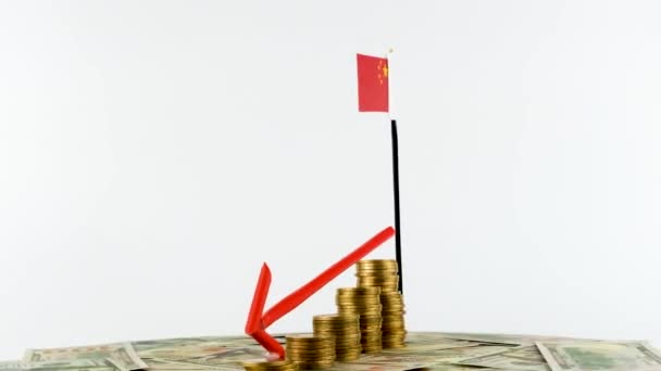 Bandera China Con Monedas Tocadiscos Video Concepto Inflación Flecha Roja — Vídeo de stock