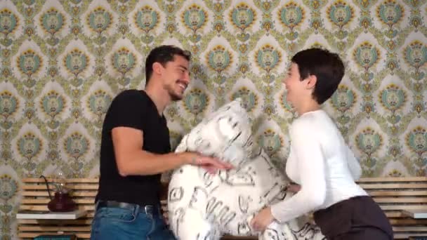 Young Happy Loving Couple Having Pillow Fight Bed Home Couple — Video Stock