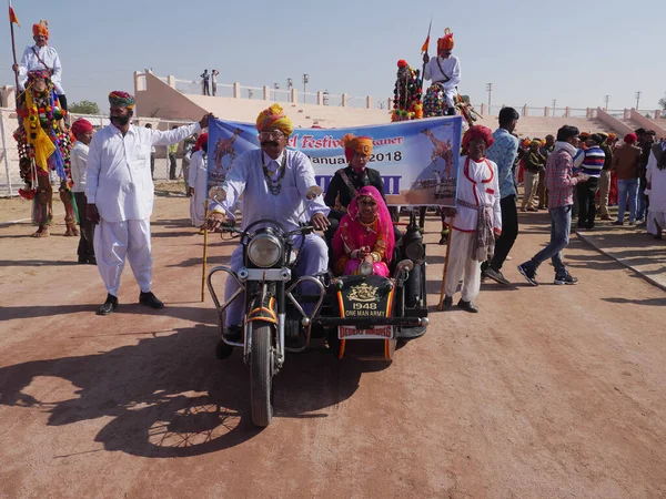 stock image Bikaner Rajasthan, India : January 14, 2018  Big Moustache Man on Motor Bike at Bikaner Festival, Rajasthan, India.