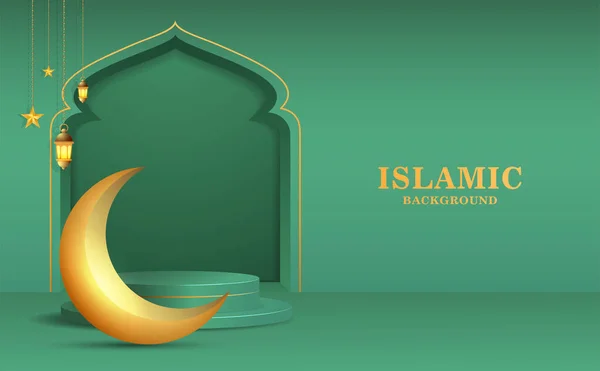 Islamic background with hanging lantern moon podium ornament and stars