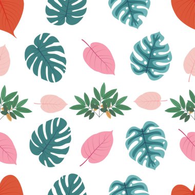 Tropik yaprakları ve çiçekleri olan kusursuz bir desen.
