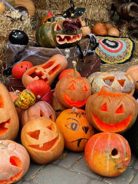 Sonbahar Balkabağı Festivali. Parkta Azizler Günü için süslenmiş balkabakları sergisi