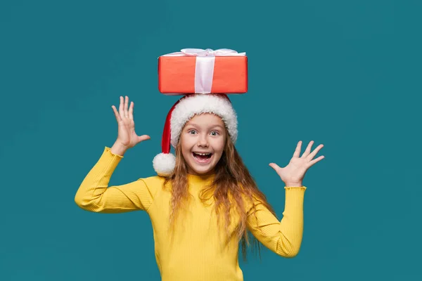 Cheerful Child Girl Santa Claus Hat Holds Red Gift Boxes — Stock Photo, Image