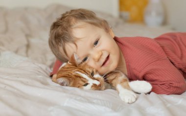 A small cute child gently embraces a red fluffy cat. Lovely pet. The concept of caring for a pet and children's love for animals	 