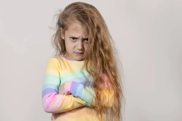 Cute Upset Little Girl Isolated White Background Grimacing Camera Arms — Stock Photo, Image