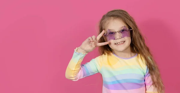 Portrait Surprised Cute Little Toddler Girl Star Shape Sunglasses Child — Fotografia de Stock