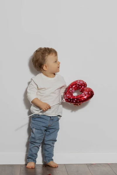 Cute Baby Boy Casual Clothes Heart Shaped Balloon Advertisement Children — Zdjęcie stockowe