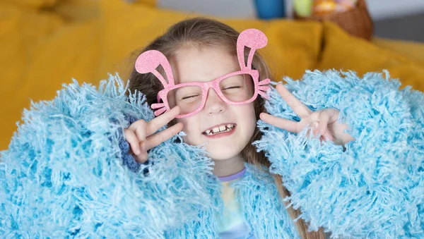 Cute Little Child Girl Blue Fluffy Coat Wearing Bunny Ears — Fotografia de Stock